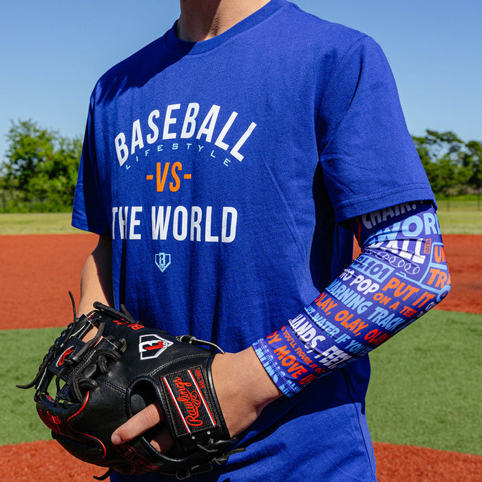 Adult model wearing multi-color arm sleeve with "Trash Talk" design