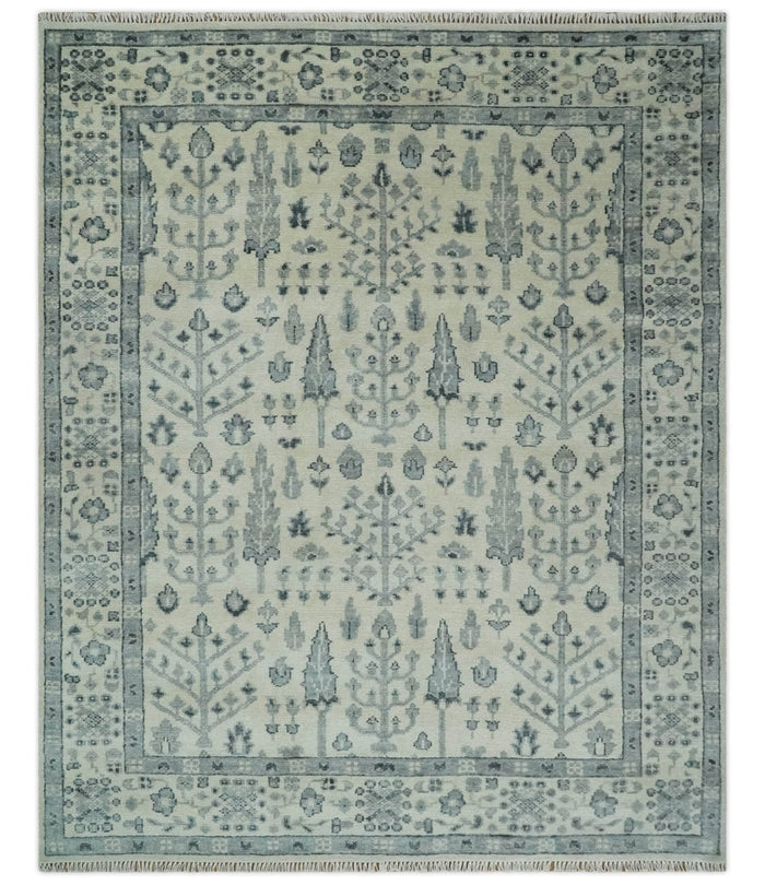 Tree of Life Hand Knotted Ivory and Charcoal Traditional Oushak Custom Made Wool Rug