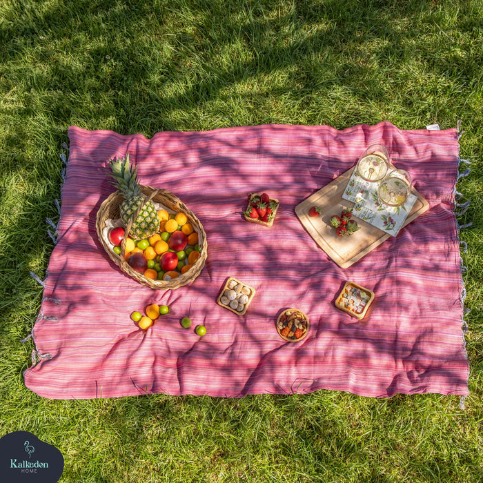 Pink Turkish cotton throw blanket with printed fruit motifs and tasseled edges, Kalkarden