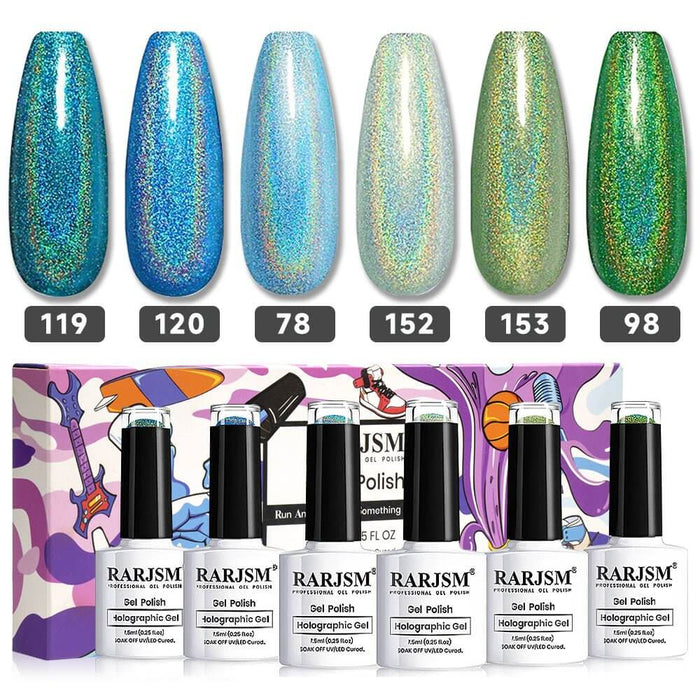 RARJSM ® Turquoise Green 6 Colors Holographic Gel Nail Polish Set