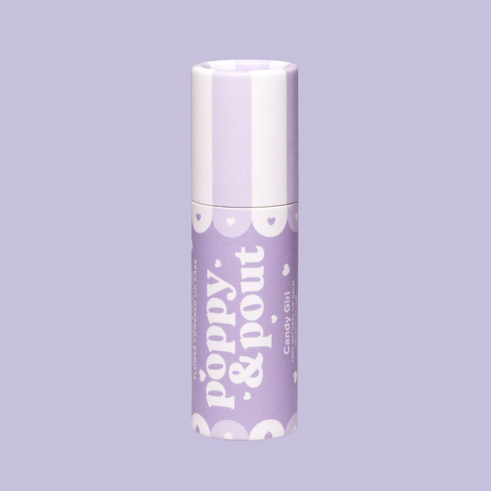 Candy Girl lip balm in purple tube with white cap, heart print