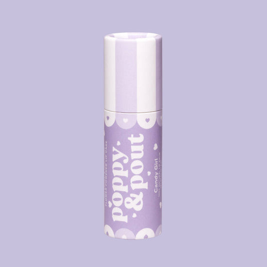 Candy Girl lip balm in purple tube with white cap, heart print