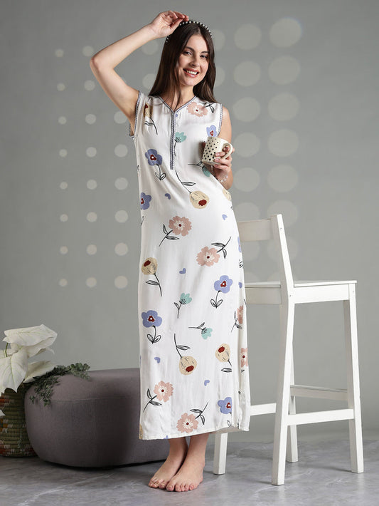 Vanilla floral comfortable sleeveless nighty for women
