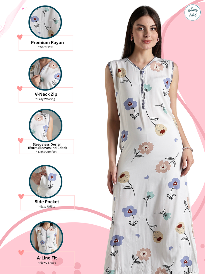 Vanilla floral comfortable sleeveless nighty for women