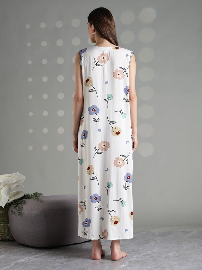 Vanilla floral comfortable sleeveless nighty for women