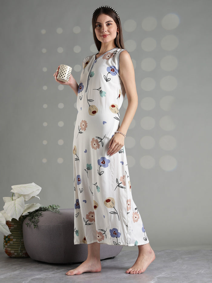 Vanilla floral comfortable sleeveless nighty for women