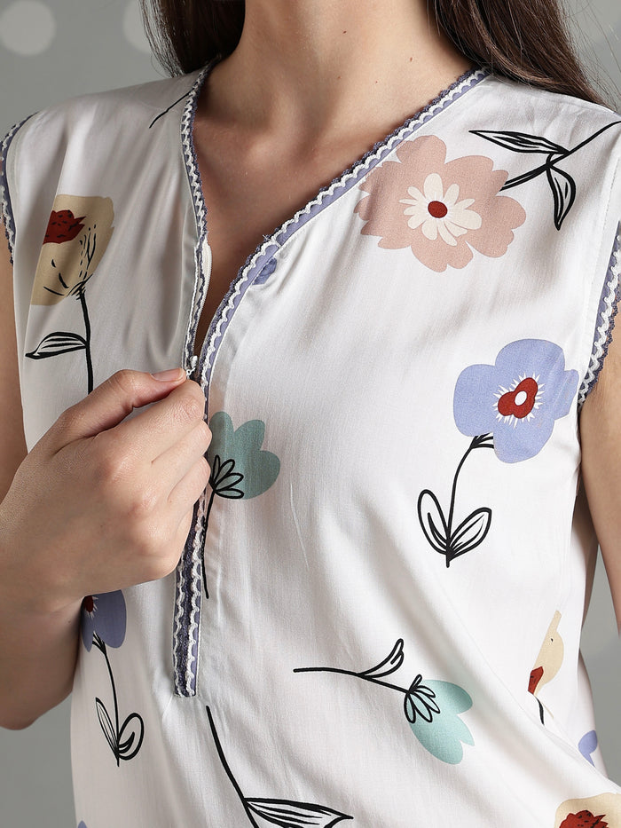 Vanilla floral comfortable sleeveless nighty for women