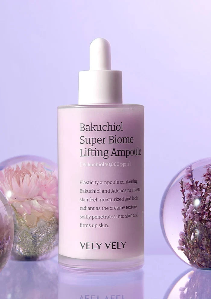 Bakuchoi Super Biome Lifting Ampoule bottle with floral background