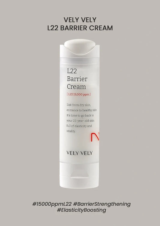 VELY VELY L22 Barrier Cream bottle on a gray background