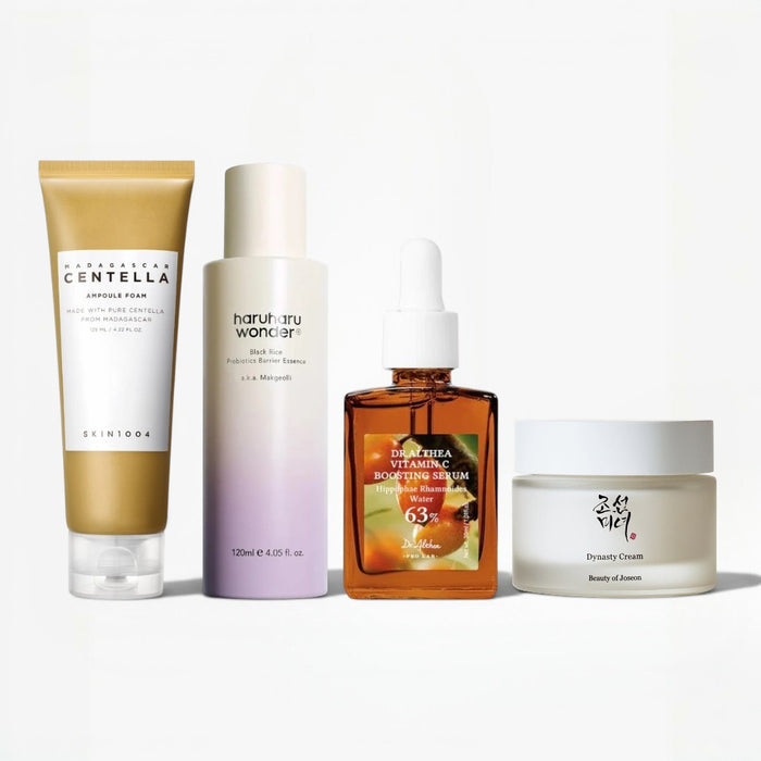 Four skincare products arranged side by side on a clean white background: a gold and white Skintific Centella Capsule Cream tube, a white to lavender gradient Haruharu Wonder serum bottle, an amber bottle of Rosefina Vitamin Boosting Serum, and a white jar of Beauty of Joseon Steam Chiffon.