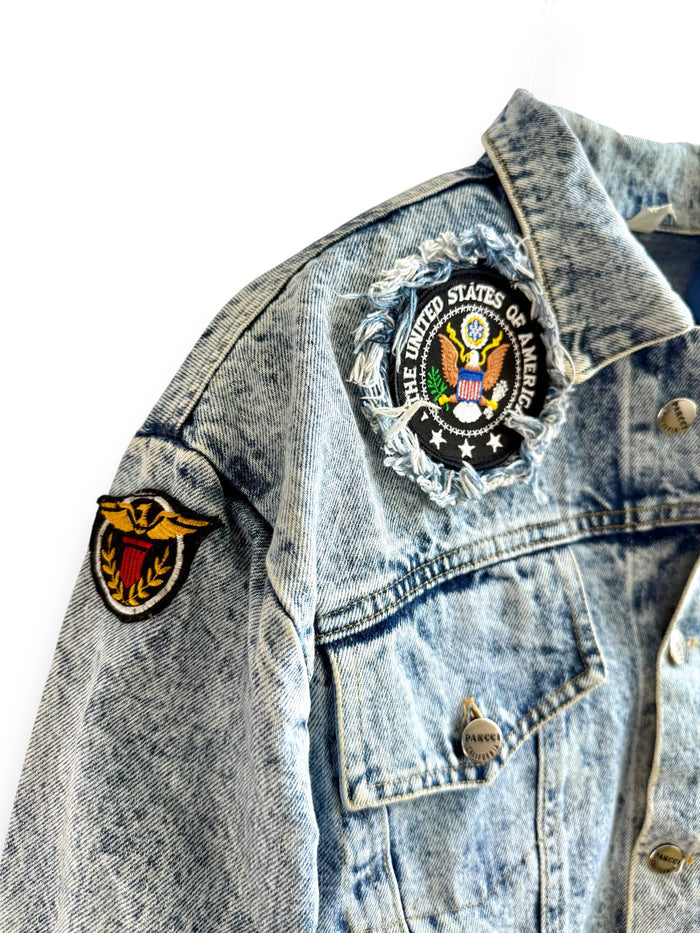 Vintage Acid Wash Cropped Denim Jacket with Patches