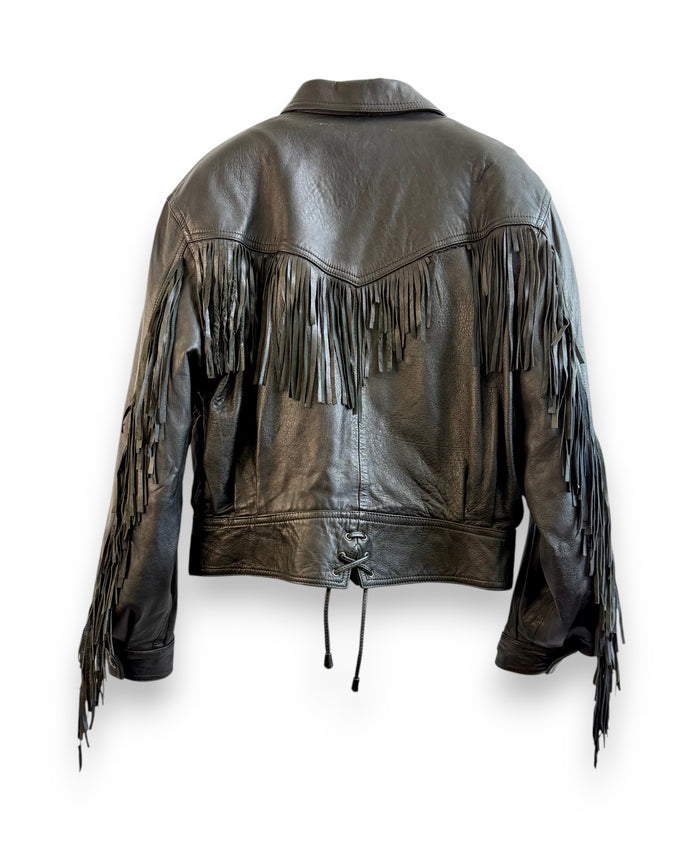 Vintage Black Leather Jacket with Lace Details