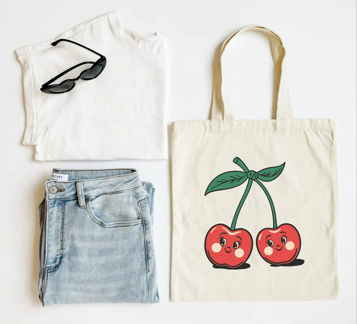 Vintage Cherry Tote bag by Mugsby featuring a classic design with cherry print and sturdy handles, perfect for everyday use.