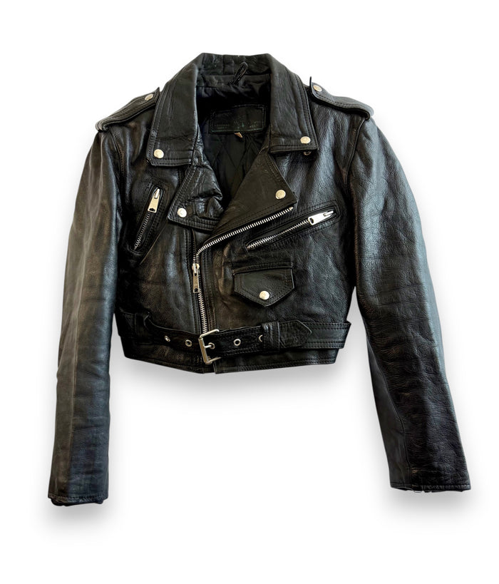 Vintage Cropped Black Biker Leather Jacket