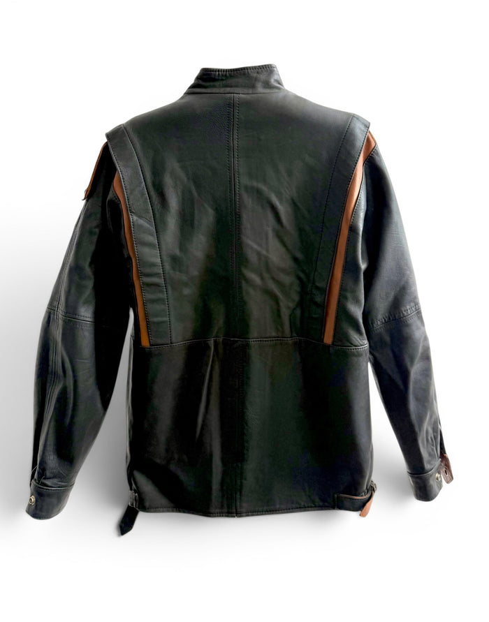 Vintage Dark Grey - Tan Leather Moto Jacket-70s/80s