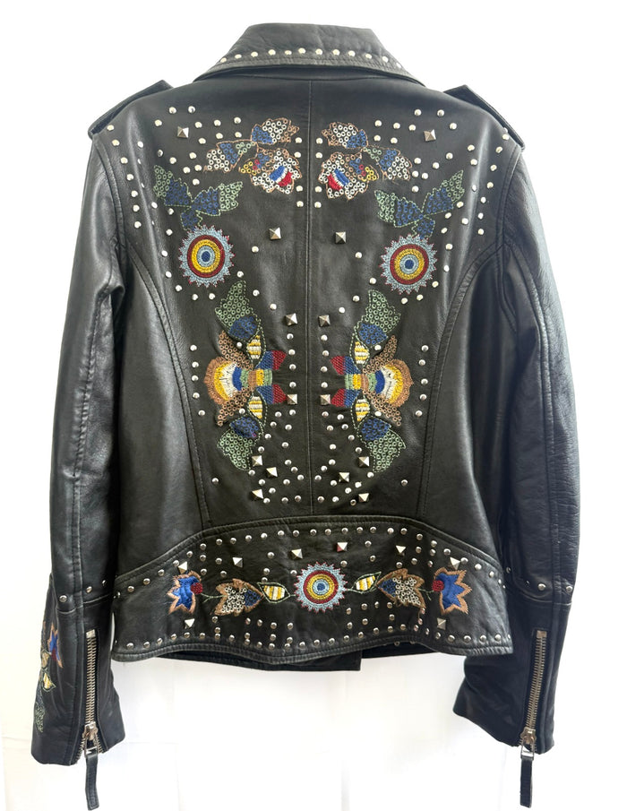 Vintage Embroidered Studded Leather Biker Jacket