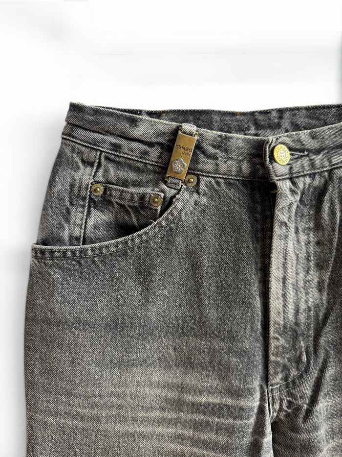Vintage Kenzo Grey Denim Jeans with Floral Embroidery
