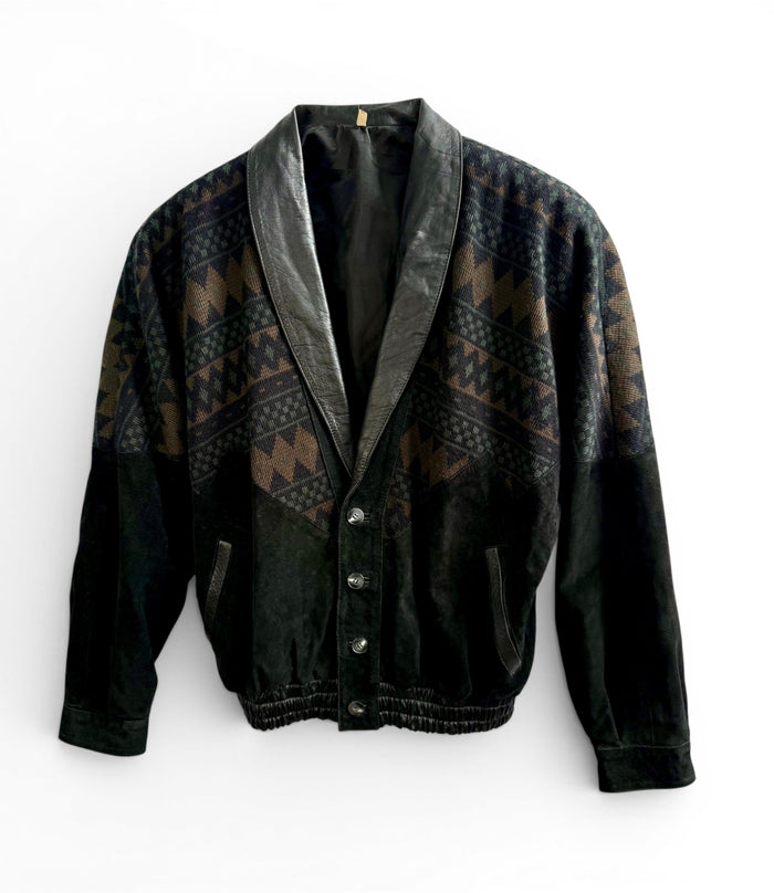 Vintage Leather and Knit Geometric Pattern Jacket