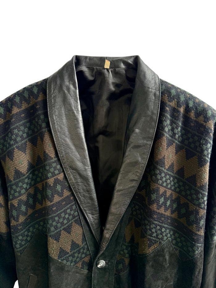 Vintage Leather and Knit Geometric Pattern Jacket