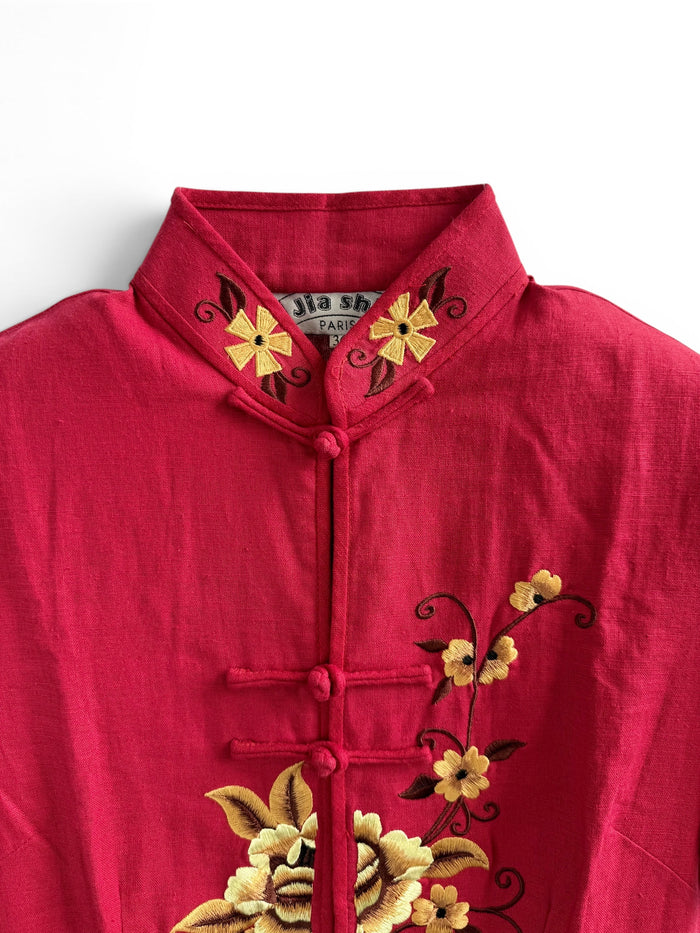 Vintage Red Linen Oriental Blouse with Floral Embroidery