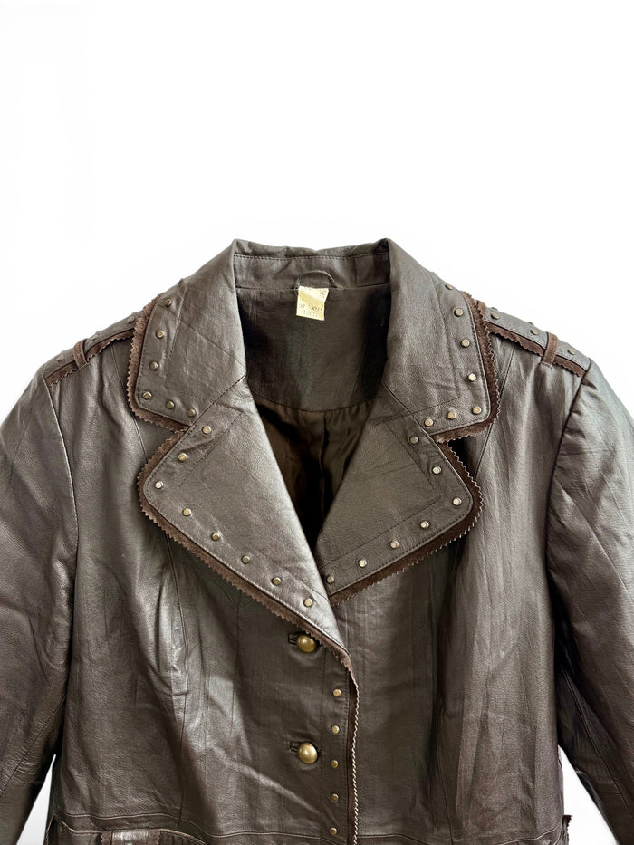 Vintage Studded Leather Jacket — Brown
