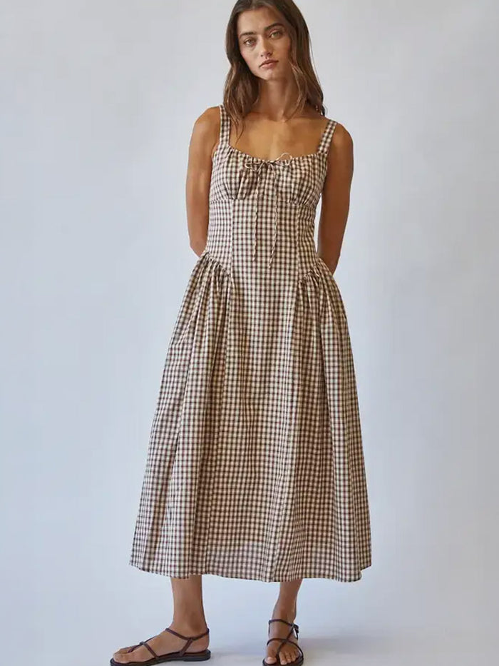 VIVIEN CHECK TIE FRONT MIDI DRESS - BROWN DRESSES OAK CLOTHING CO.