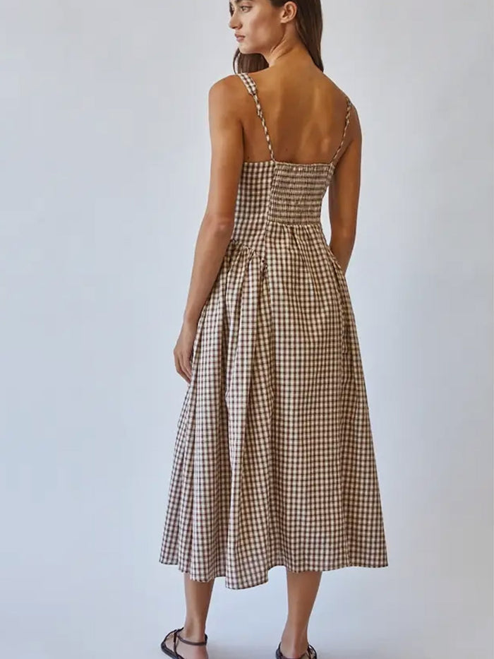 VIVIEN CHECK TIE FRONT MIDI DRESS - BROWN DRESSES OAK CLOTHING CO.