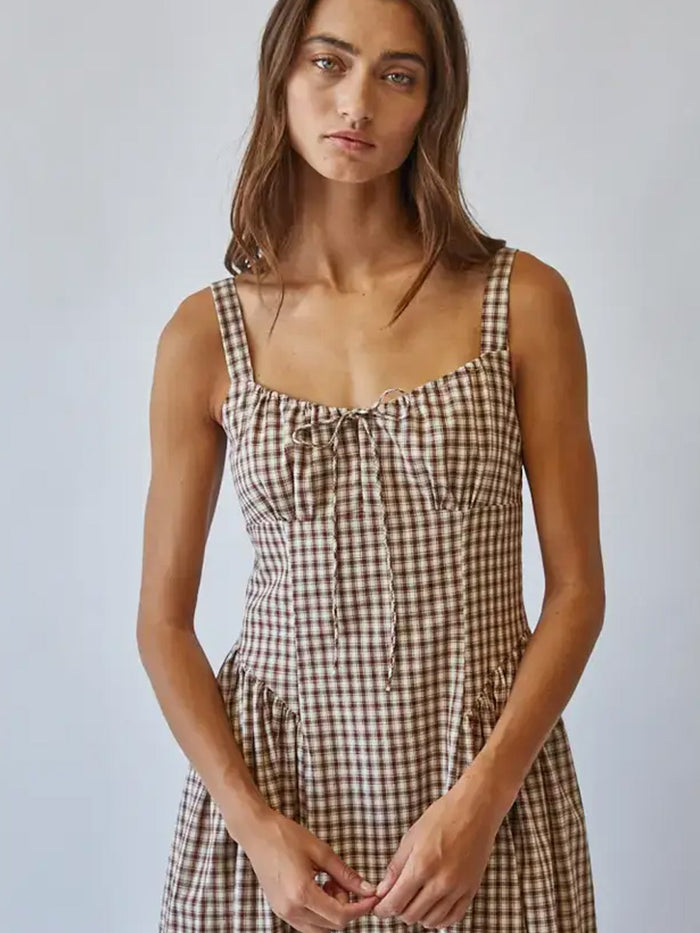 VIVIEN CHECK TIE FRONT MIDI DRESS - BROWN DRESSES OAK CLOTHING CO.