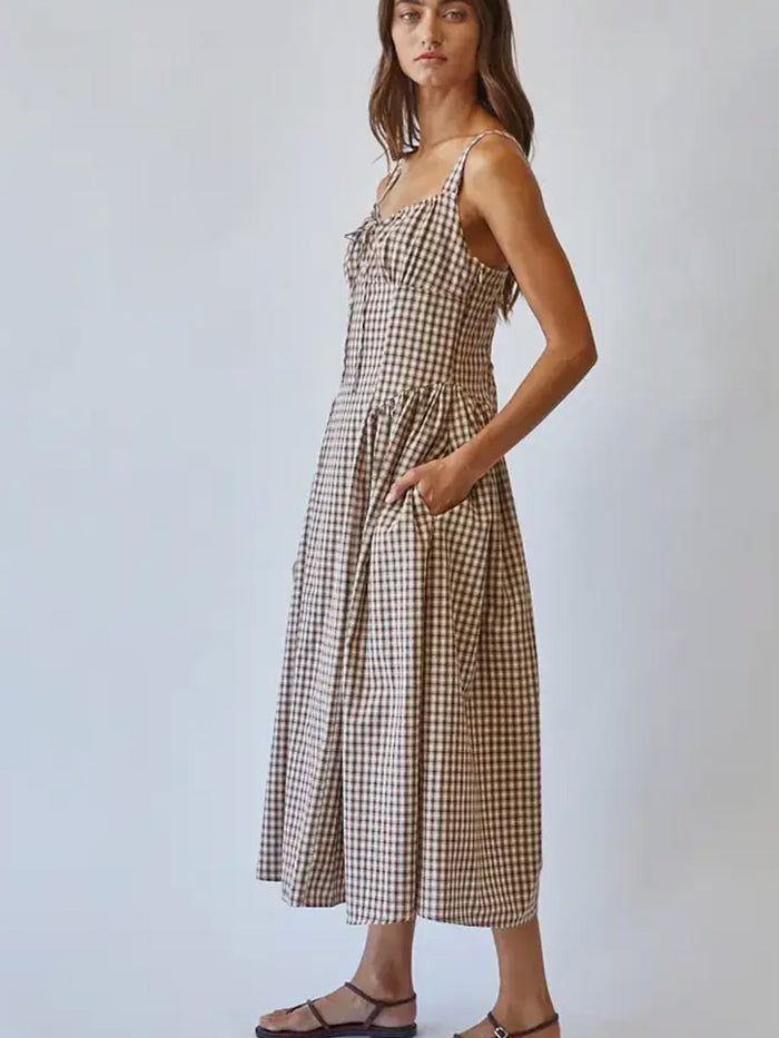 VIVIEN CHECK TIE FRONT MIDI DRESS - BROWN DRESSES OAK CLOTHING CO.
