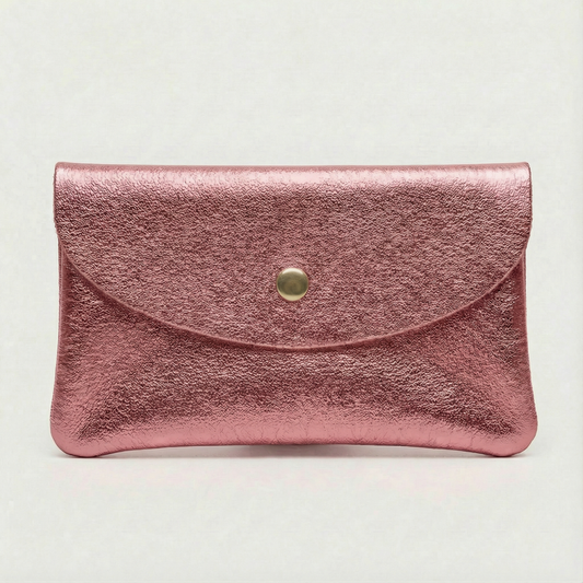 Metallic pink leather wallet clutch with curved flap and small round snap closure