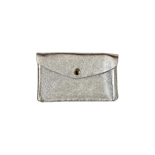 Silver metallic leather wallet with snap closure