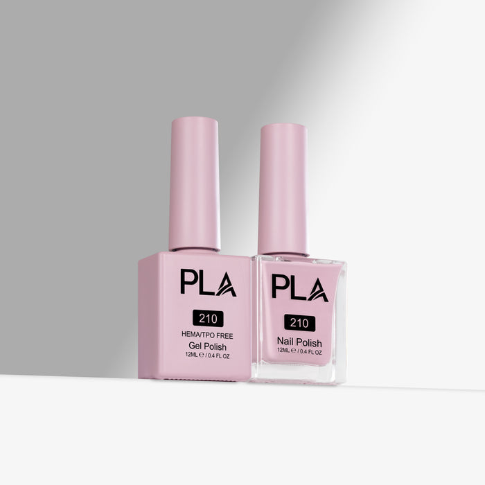 Two pink nail polish bottles with 'PLA' branding on a gray background