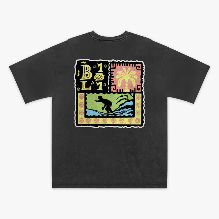 Black graphic tee with "Wave Goodbye" design — back view