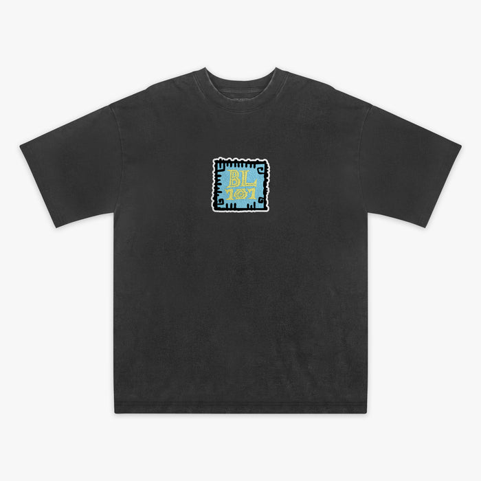 Black graphic tee with "Wave Goodbye" design — front view