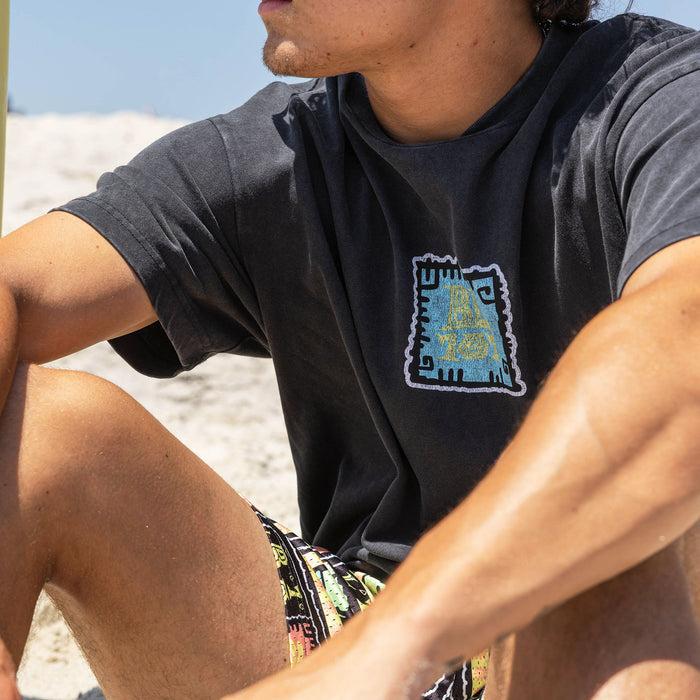 Adult model wearing black graphic tee with "Wave Goodbye" design