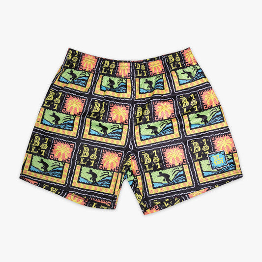 Multi-color shorts with "Wave Goodbye" design — front view
