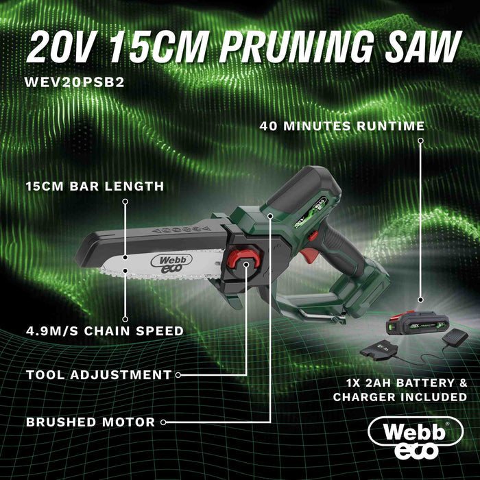 Webb Eco 20V 15cm Cordless Pruning Saw  and 2AH Battery & Charger