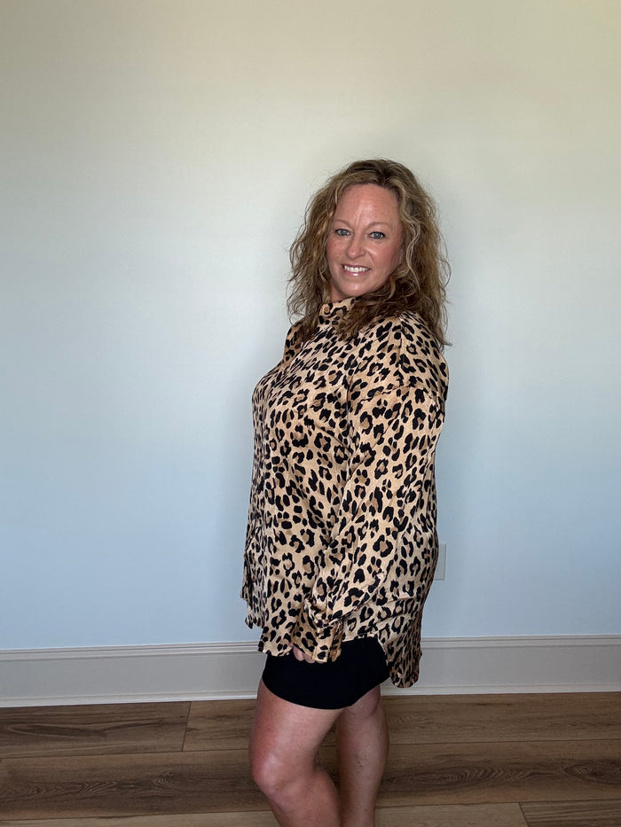White Birch Camel Leopard Satin Button Up Shirt