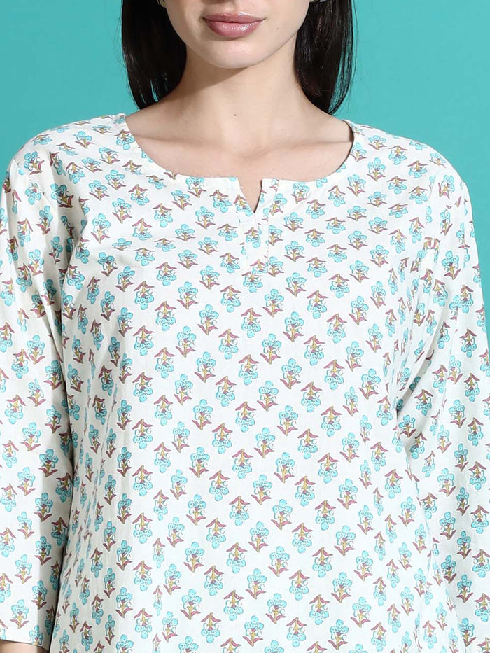 Relaxed Fit White Blue Cotton Pajama Set for Women