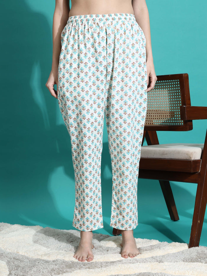 Relaxed Fit White Blue Cotton Pajama Set for Women