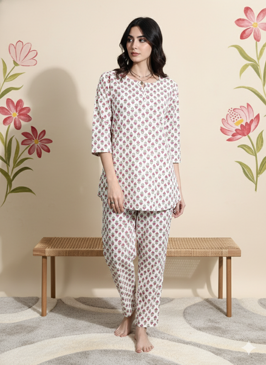 White Red Pure Cotton Pyjama Set for Women Soft and Relaxed
