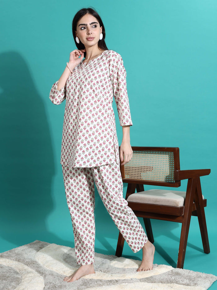 Soft White Red Cotton Pajama Set for Women