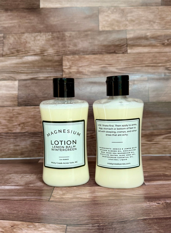 Wintergreen Arnica Lemon Balm Magnesium Lotion label showing herbal blend – Misty Creek Acres