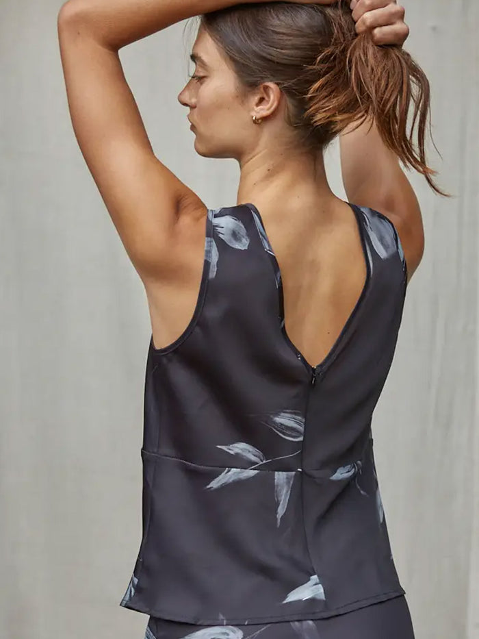 WOVEN FLORAL PRINT SLEEVELESS TOP - BLACK/GREY TANK TOPS OAK CLOTHING CO.