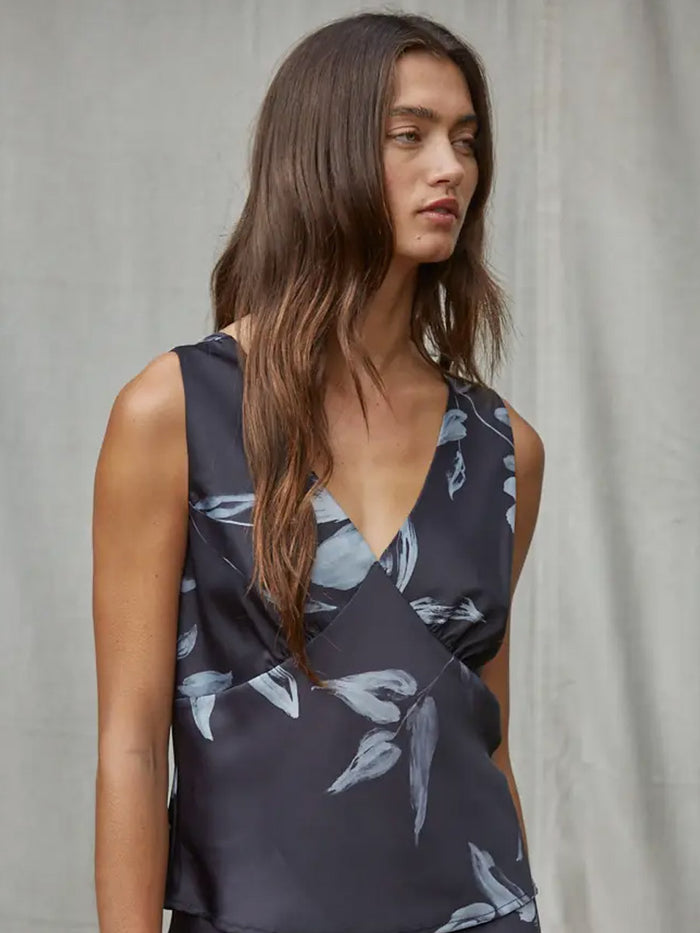 WOVEN FLORAL PRINT SLEEVELESS TOP - BLACK/GREY TANK TOPS OAK CLOTHING CO.