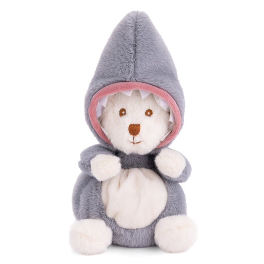 Grey shark plush with pointed hood, pink lining, white face muzzle and bowtie