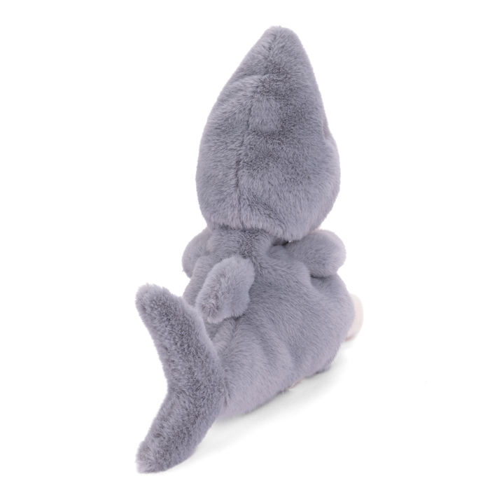Grey shark plush with pointed hood and long tail, side pose with bow detail