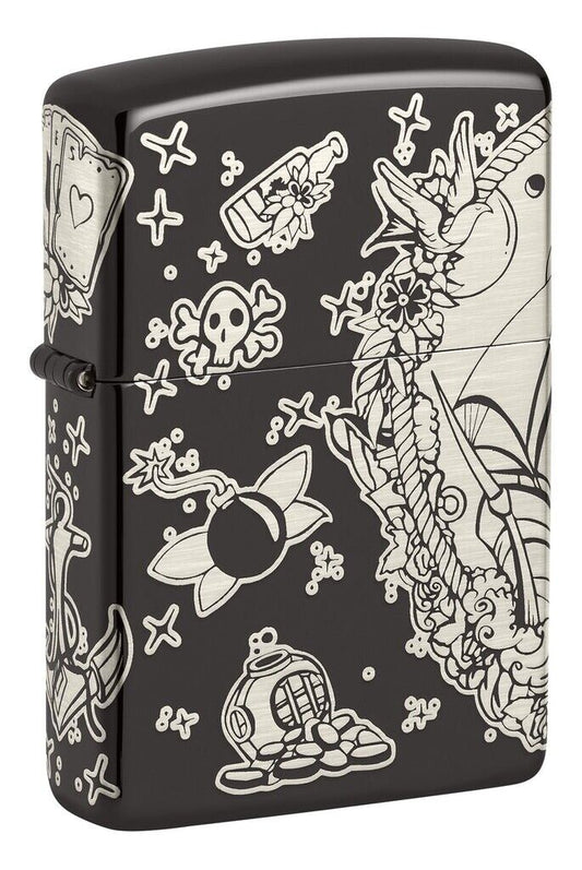 Zippo Laser 360° Pirates Treasure Design High Polish Black 48398