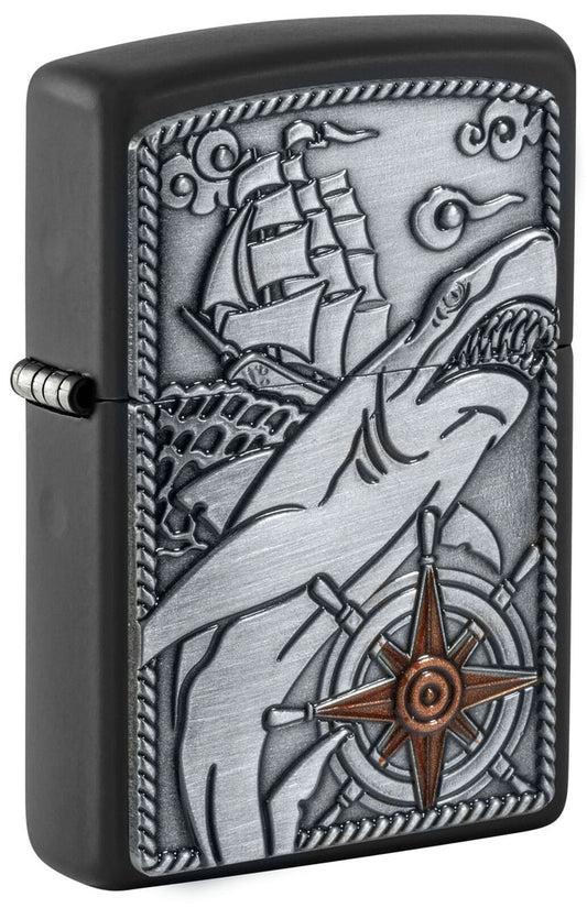 Zippo Ship Shark Emblem Design Black Matte 48120