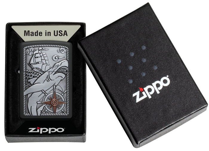 Zippo Ship Shark Emblem Design Black Matte 48120